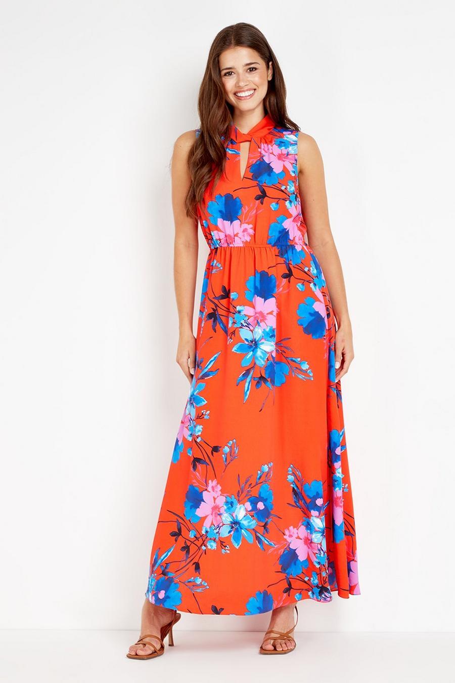 Red and Blue Floral Halter Dress